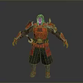 A Man In Red And Black Samurai Armor With Spiked Shoulders And Sword