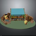 Rustic Market Stall Structure With Blue Roof Wooden Barrels Yellow Umbrellas And Shelves