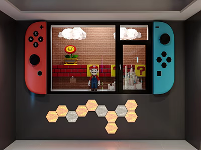 Gaming Themed Decorative Cabinet Red Blue Design With Window Brick Wall Sunflower Plant Hexagon Lights 3d model