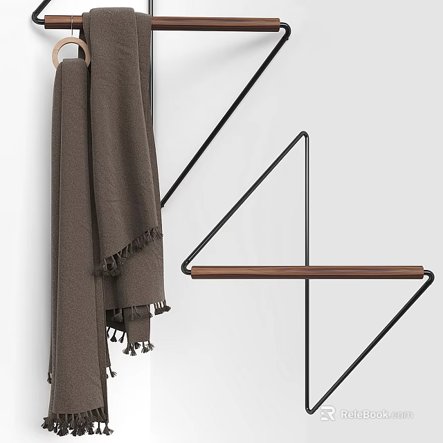 Minimalist Bathroom Cabinet Rack Design With Triangular Black Metal Frame Wooden Shelf And Hanging Towel 3d model 