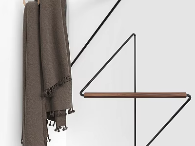 Minimalist Bathroom Cabinet Rack Design With Triangular Black Metal Frame Wooden Shelf And Hanging Towel 3d model