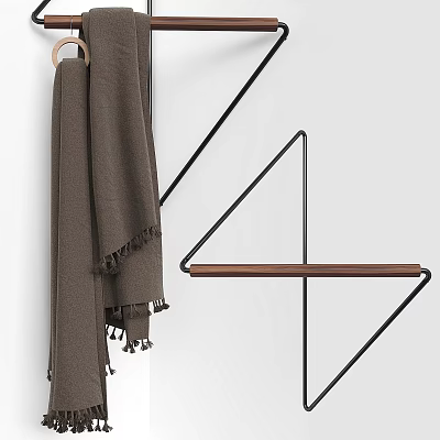 Minimalist Bathroom Cabinet Rack Design With Triangular Black Metal Frame Wooden Shelf And Hanging Towel 3d model