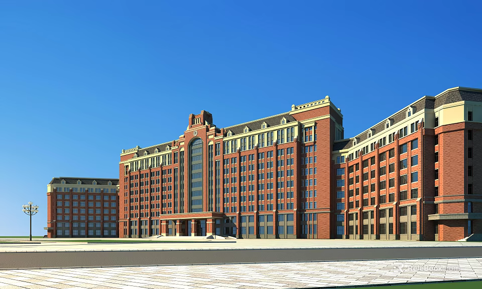 Red Brick Office Building With Classical Design Spacious Square And Clear Blue Sky 3d model 