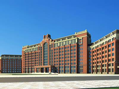 Red Brick Office Building With Classical Design Spacious Square And Clear Blue Sky 3d model