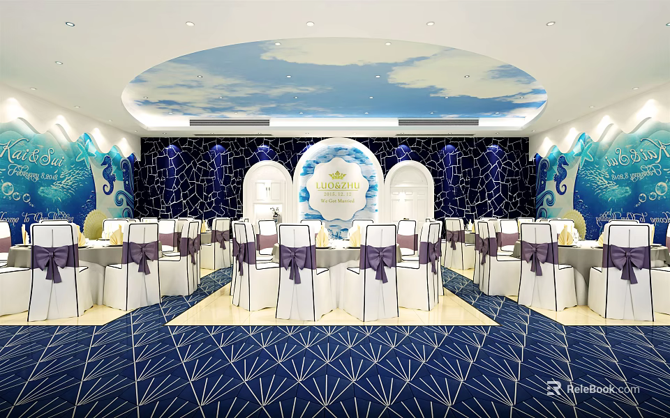 Elegant Ocean Theme Wedding Banquet Hall With Blue Sky Ceiling Seahorse Decor And Purple Ribbons 3d model 