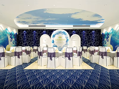 Elegant Ocean Theme Wedding Banquet Hall With Blue Sky Ceiling Seahorse Decor And Purple Ribbons 3d model