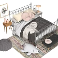 Stylish Double Bed With Metal Frame Gray Bedding Pillows Footstool Nightstand Lamp And Striped Rug
