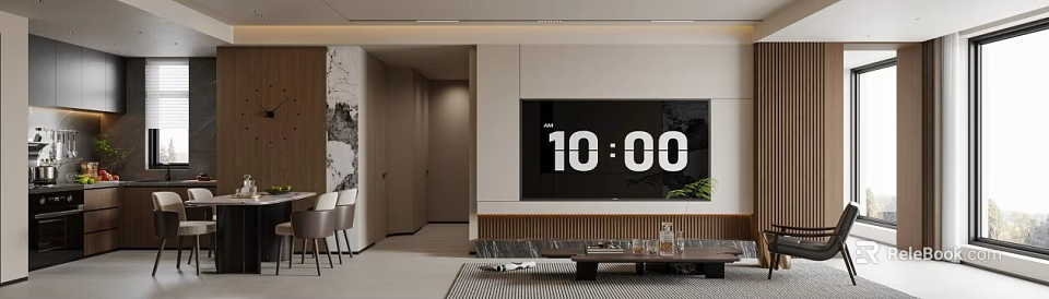 Modern Living Dining Room Interior With TV Wall Sofa And Dining Table Set 3d model 