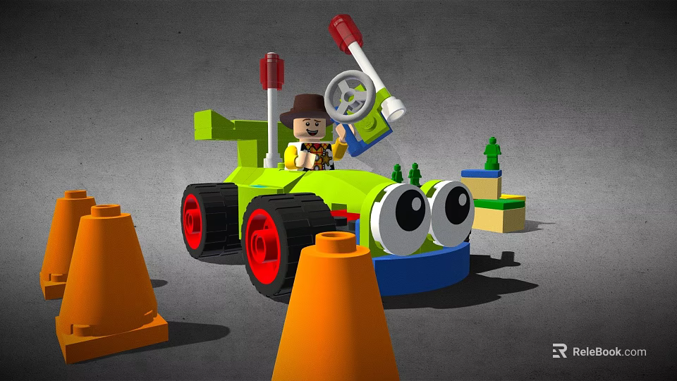 Building Blocks Green Car With Cowboy Figure Red Wheels Big Eyes And Orange Cones 3d model 