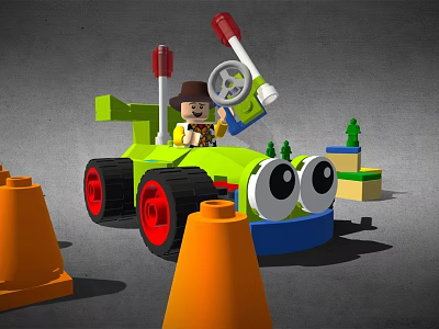 Building Blocks Green Car With Cowboy Figure Red Wheels Big Eyes And Orange Cones 3d model