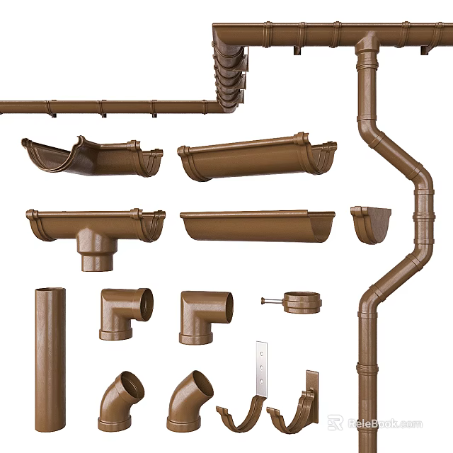 Brown Hardware Tools Including Various Pipe Fittings Drainage Elbows Gutter And Straight Components 3d model 