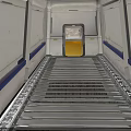 Industrial Storage Interior With Metal Roller Conveyor White Walls And Blue Stripes