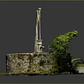 Garden Ornament Featuring Stone Circular Well Green Grass Small Tree Rope And Water Bucket