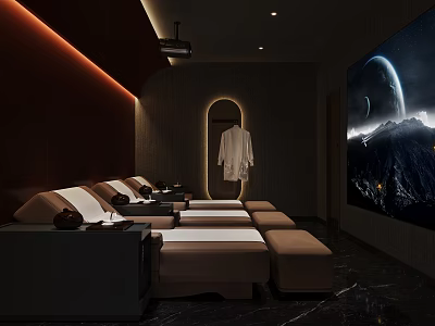 Modern Comfortable SPA Sauna Room With Loungers Side Tables Hanging Robe And Natural Landscape Screen 3d model
