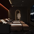 Modern Comfortable SPA Sauna Room With Loungers Side Tables Hanging Robe And Natural Landscape Screen