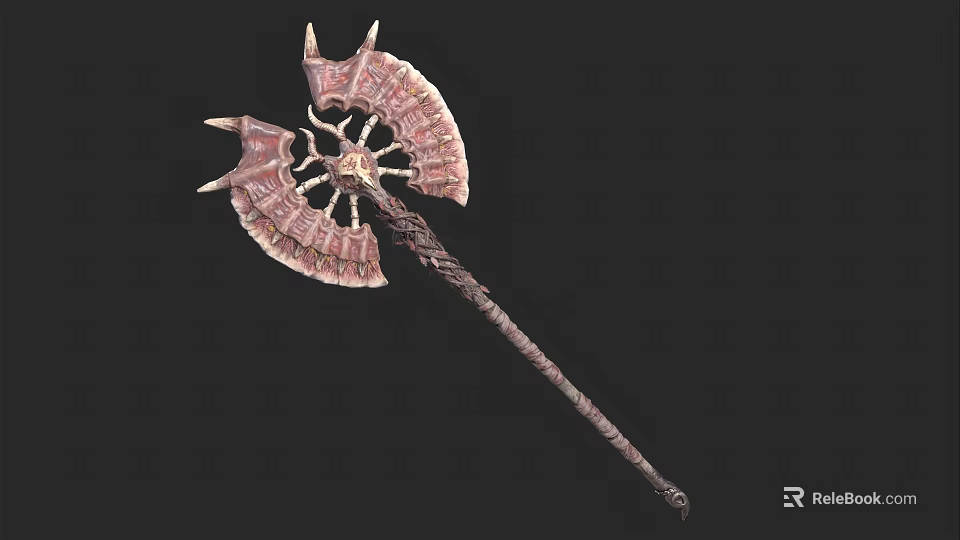 Ornate Axe Weapon Featuring Metallic Spiked Head And Intricate Textured Handle 3d model 