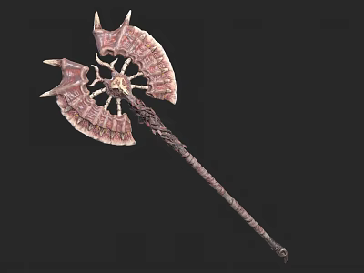Ornate Axe Weapon Featuring Metallic Spiked Head And Intricate Textured Handle 3d model
