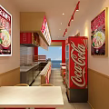 Shopping Mall Food Store with Red Interior Tables Chairs and Food Display Posters