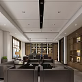 Modern Executive Office Interior With Dark Sofas Coffee Tables Wooden Bookshelves And Wall Painting