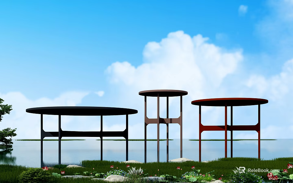 Round Coffee Tables In Three Different Colors With Blue Sky White Clouds Grass And Water 3d model 