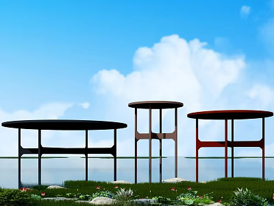 Round Coffee Tables In Three Different Colors With Blue Sky White Clouds Grass And Water 3d model