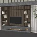 Modern TV Wall Unit Interior Design With TV Fireplace Wooden Shelves Books Decorations