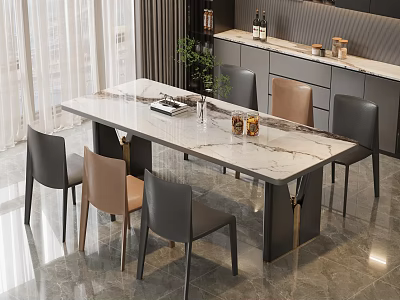 Modern Dining Table Set With Marble Tabletop And Gray Brown Chairs 3d model