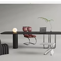 Modern Black Desk Workspace With White Round Lamp Laptop Green Plant And Red Chair
