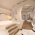 Modern Hotel Room Interior with Archway Design Wooden Flooring and Decorative Wall Art