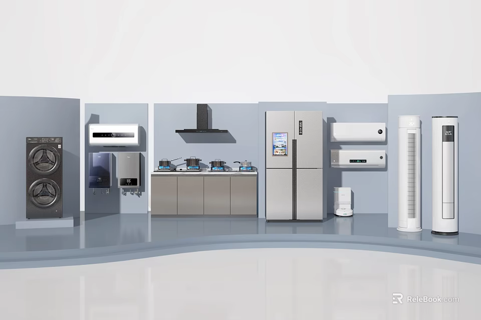 Modern Household Appliances Display With Washing Machine Refrigerator Air Conditioner Range Hood And Oven 3d model 