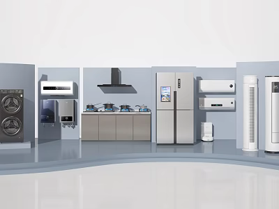 Modern Household Appliances Display With Washing Machine Refrigerator Air Conditioner Range Hood And Oven 3d model