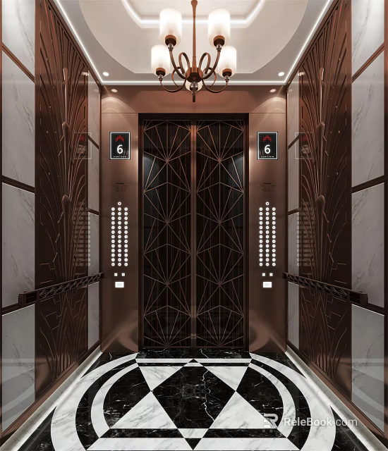 Elegant Luxury Elevator Interior With Copper Geometric Doors Chandelier Lighting And Black White Checkerboard Floor 3d model 