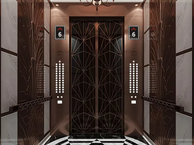 Elegant Luxury Elevator Interior With Copper Geometric Doors Chandelier Lighting And Black White Checkerboard Floor 3d model
