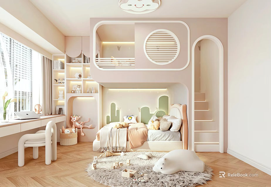 Cozy Kids Room Interior Design With Bunk Bed Staircase Soft Rug And Playful Toys 3d model 