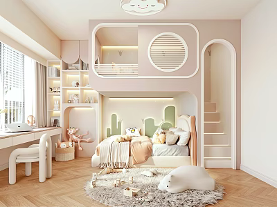 Cozy Kids Room Interior Design With Bunk Bed Staircase Soft Rug And Playful Toys 3d model