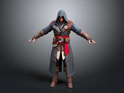 A Man In Hooded Robe With Red Belt And Emblem Standing Arms Outstretched 3d model