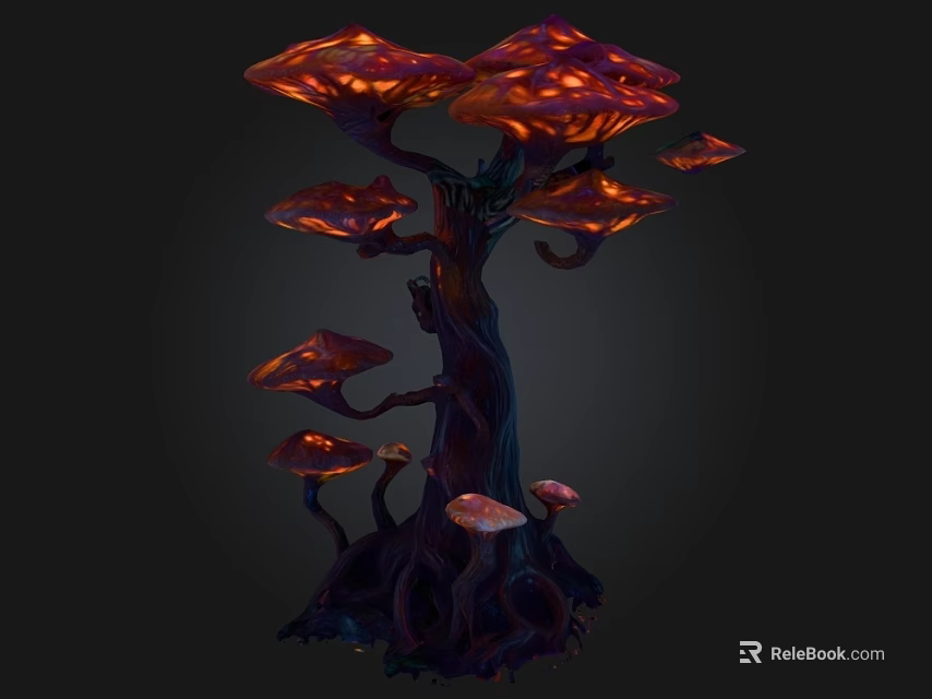 Glowing Mushroom Shaped Plant With Dark Stem Multiple Luminous Caps And Intricate Roots 3d model 