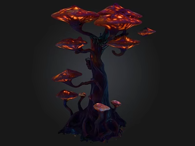 Glowing Mushroom Shaped Plant With Dark Stem Multiple Luminous Caps And Intricate Roots 3d model