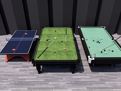 Sports Equipment Including Ping Pong Table and Billiard Tables with Green Surfaces Balls and Cues 3d model