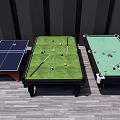 Sports Equipment Including Ping Pong Table and Billiard Tables with Green Surfaces Balls and Cues
