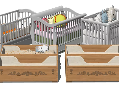 Various Baby Cribs With Gray Wooden Designs And Decorative Storage Boxes 3d model