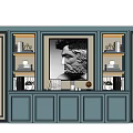 Blue Modern Bookcase With Central Art Portrait And Side Shelves Books Decorative Items