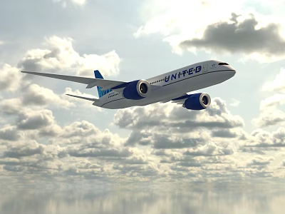 United Airlines Commercial Airplane With White And Blue Livery Flying Through Cloudy Sky 3d model