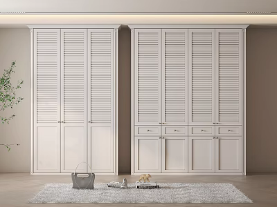 Modern White Wardrobe Interior With Louvered Doors Drawers And Decorative Items 3d model