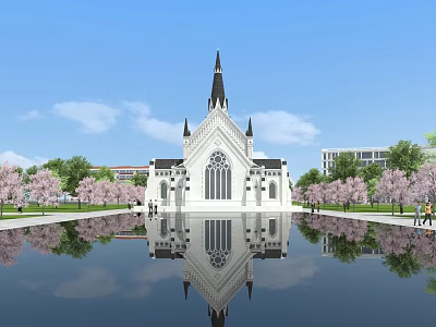 Classic European Architecture With Spire Large Windows And Cherry Blossom Reflection In Water 3d model