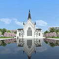 Classic European Architecture With Spire Large Windows And Cherry Blossom Reflection In Water