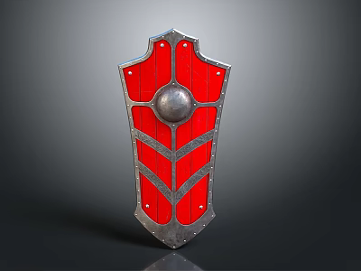Medieval Red Shield With Silver Frame Central Sphere And V Shaped Patterns 3d model