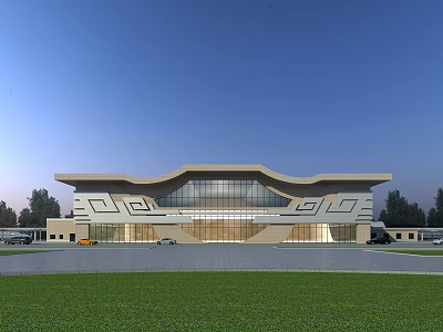 Modern Office Building With Glass Curtain Wall Unique Roof Design And Green Lawn Area 3d model