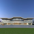 Modern Office Building With Glass Curtain Wall Unique Roof Design And Green Lawn Area