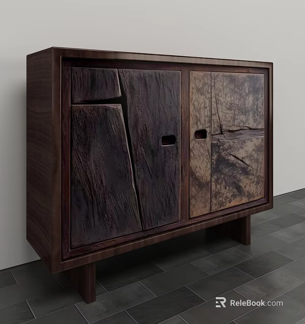 Dark Wooden Storage Cabinet With Unique Textured Doors And Natural Grain Design 3d model 